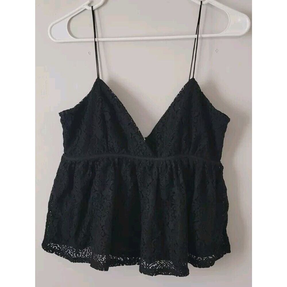 Sun + Moon Womans Sz. M Black Lace Crop Top Zip Back Strappy Sleeve